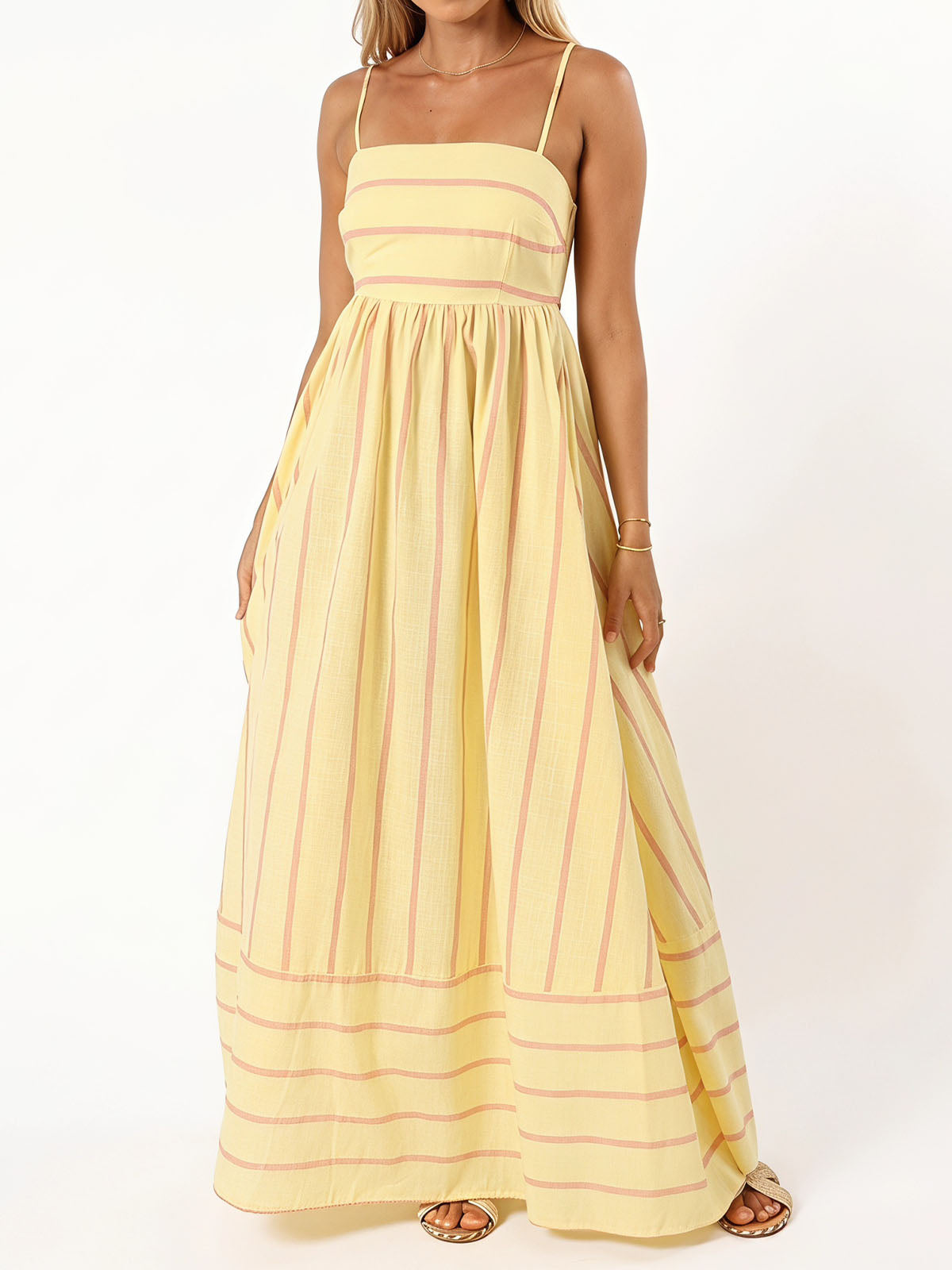 Flattering Square Neck Empire Waist Resort Striped Slip Maxi Dress