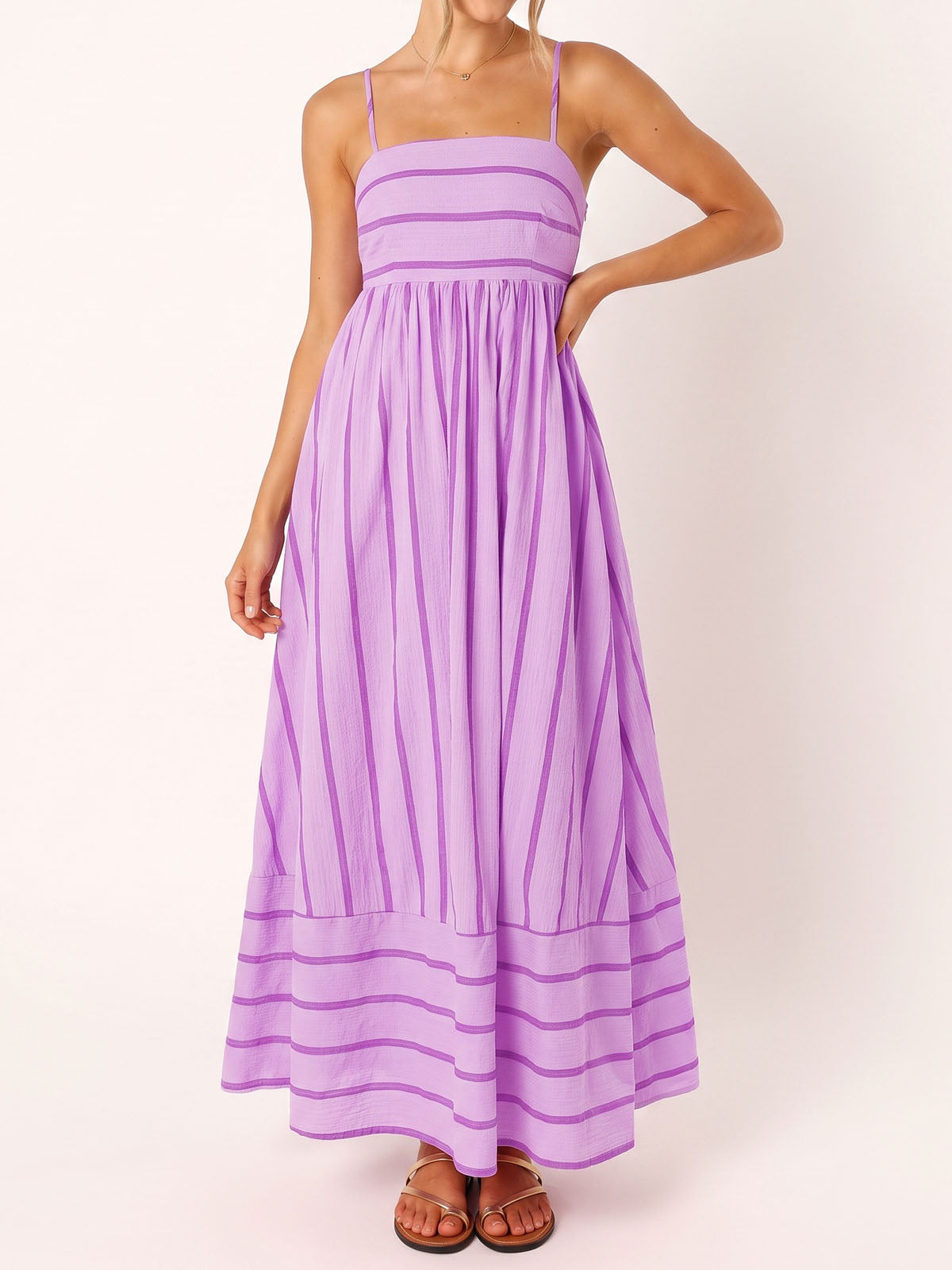 Flattering Square Neck Empire Waist Resort Striped Slip Maxi Dress