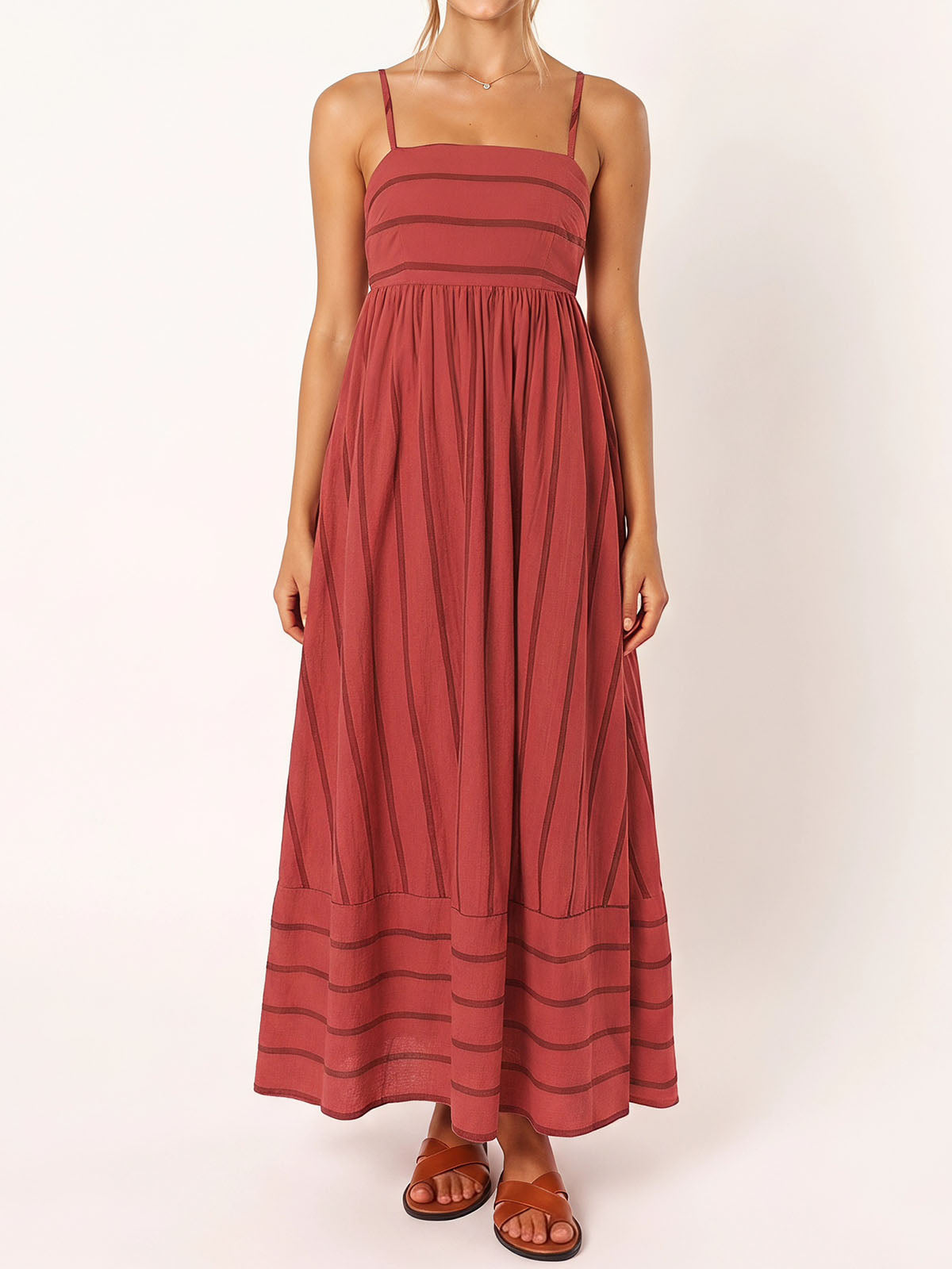 Flattering Square Neck Empire Waist Resort Striped Slip Maxi Dress