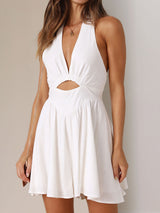 Flowy Deep V Halter Cutout Fit and Flare Resort Linen Mini Dress