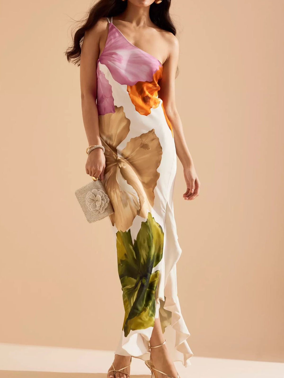 Flowy Floral Ruffle Trim Sparkly Satin Resort One Shoulder Maxi Dress