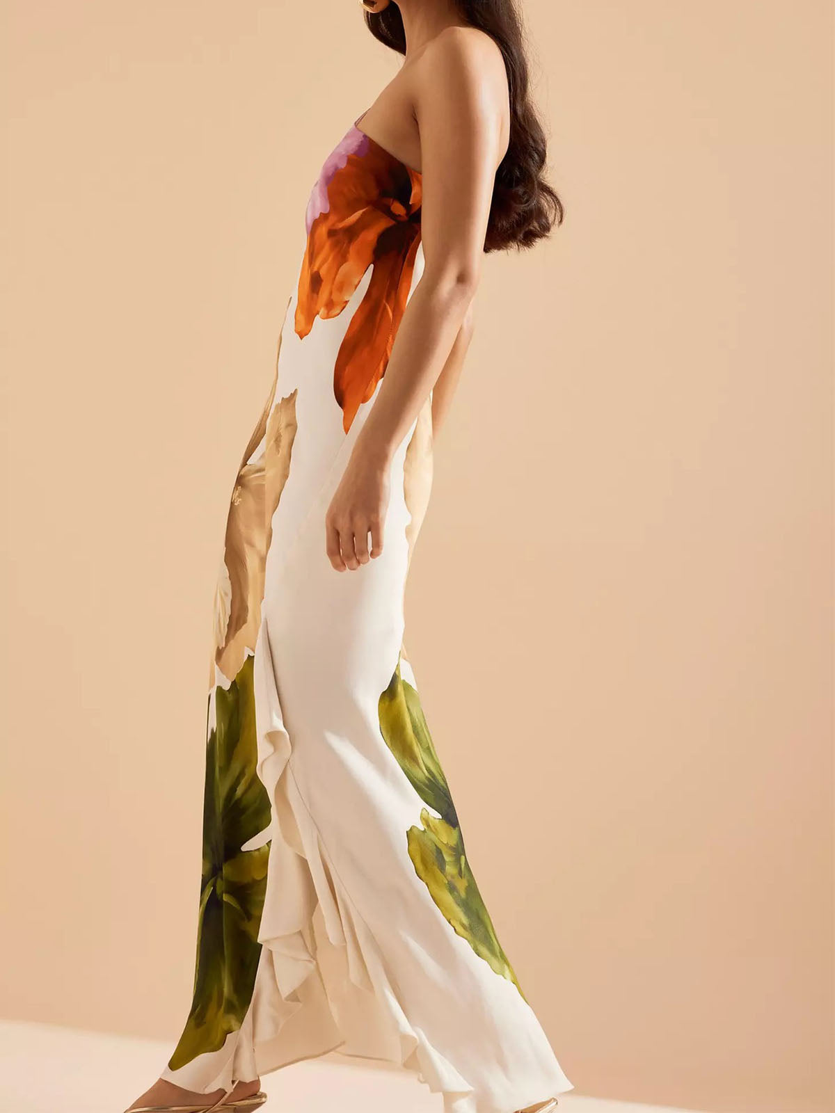 Flowy Floral Ruffle Trim Sparkly Satin Resort One Shoulder Maxi Dress