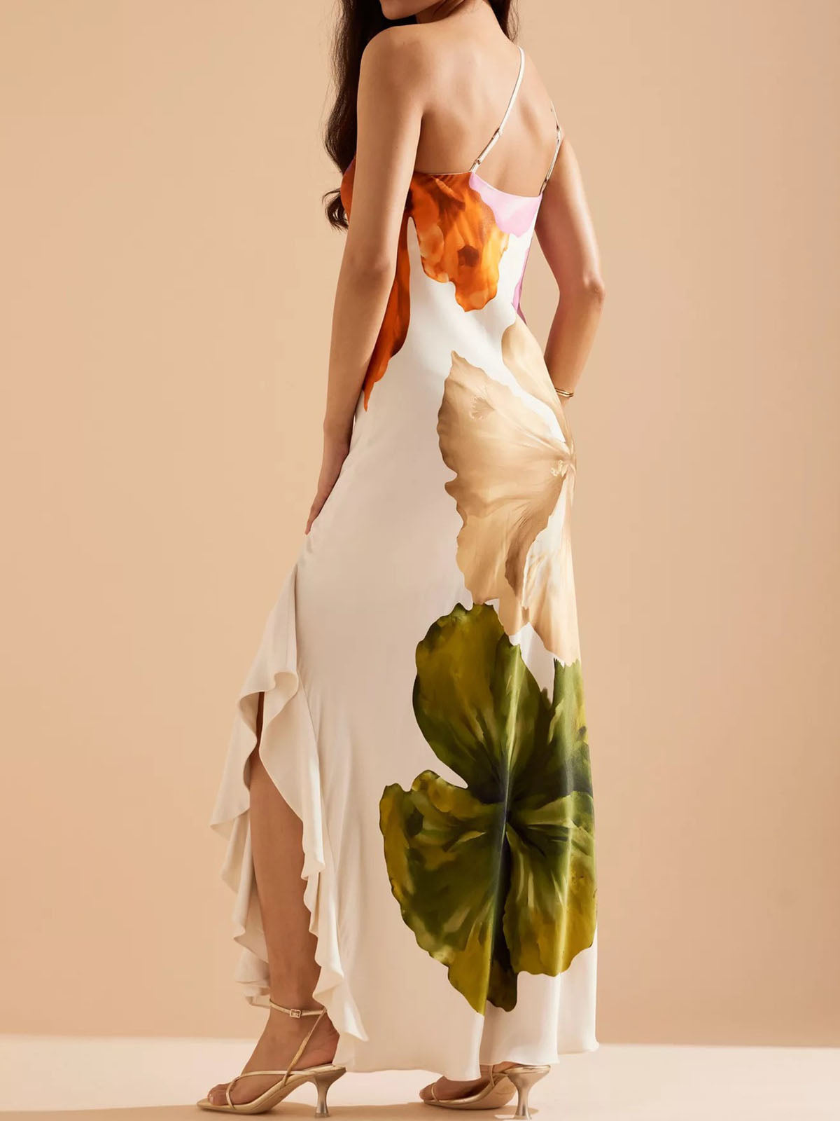 Flowy Floral Ruffle Trim Sparkly Satin Resort One Shoulder Maxi Dress