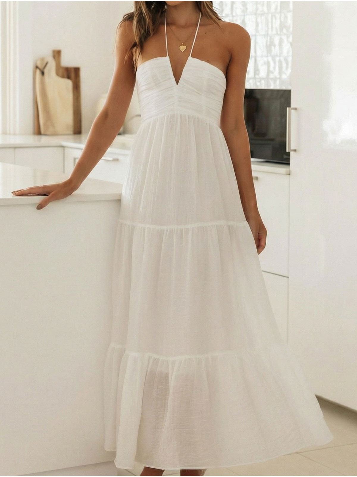 Flowy Halter Deep V Ruched Empire Waist Resort Tiered Maxi Dress