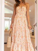 Flowy Halter Deep V Ruched Empire Waist Resort Tiered Maxi Dress