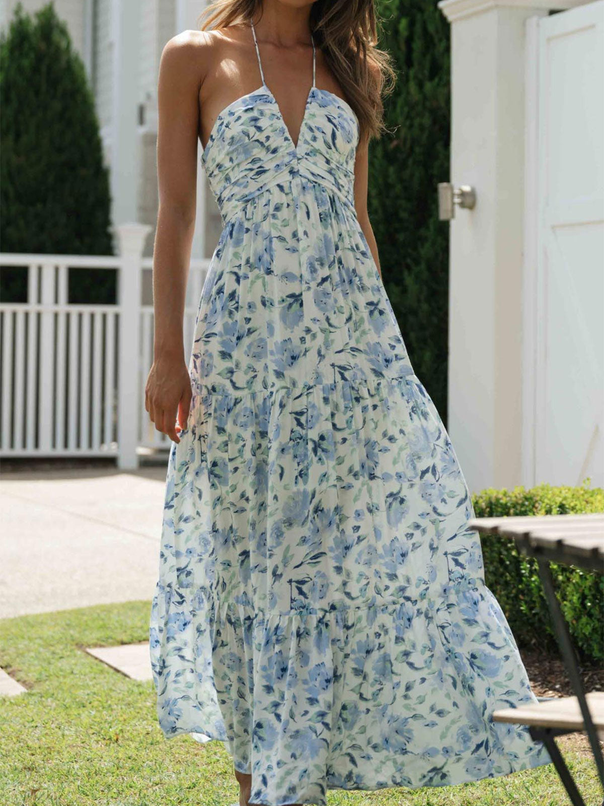Flowy Halter Deep V Ruched Empire Waist Resort Tiered Maxi Dress