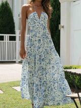 Flowy Halter Deep V Ruched Empire Waist Resort Tiered Maxi Dress