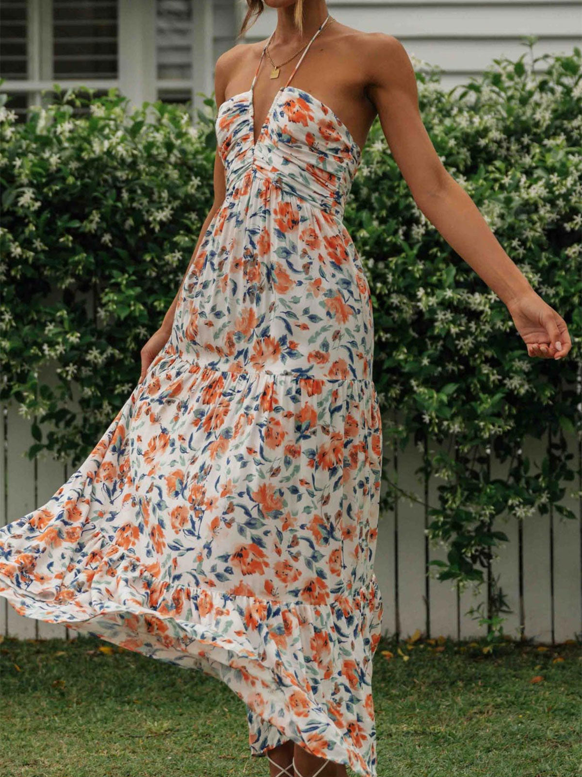 Flowy Halter Deep V Ruched Empire Waist Resort Tiered Maxi Dress