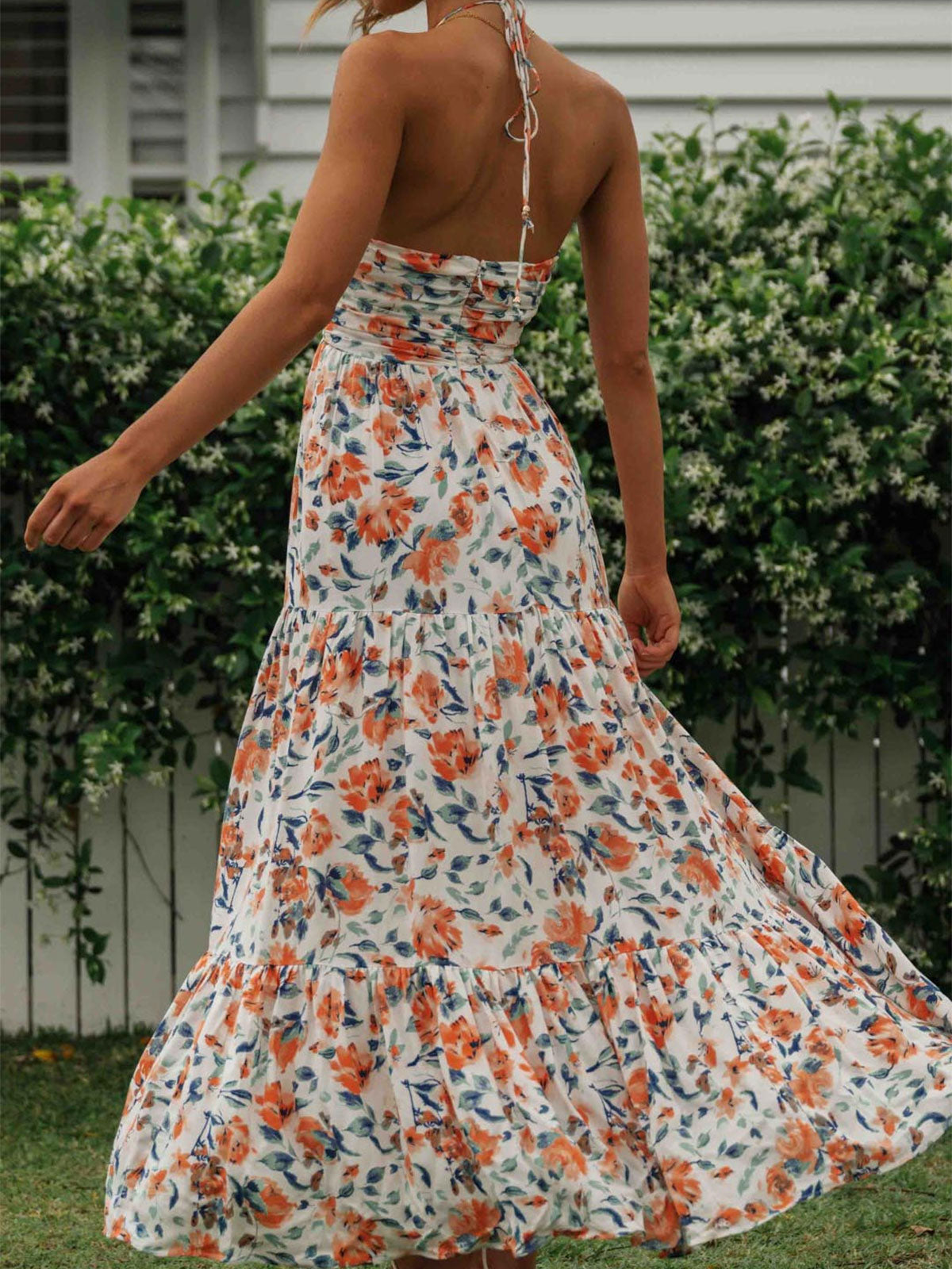 Flowy Halter Deep V Ruched Empire Waist Resort Tiered Maxi Dress