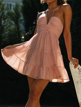 Flowy Halter Deep V Ruched Empire Waist Resort Tiered Mini Dress