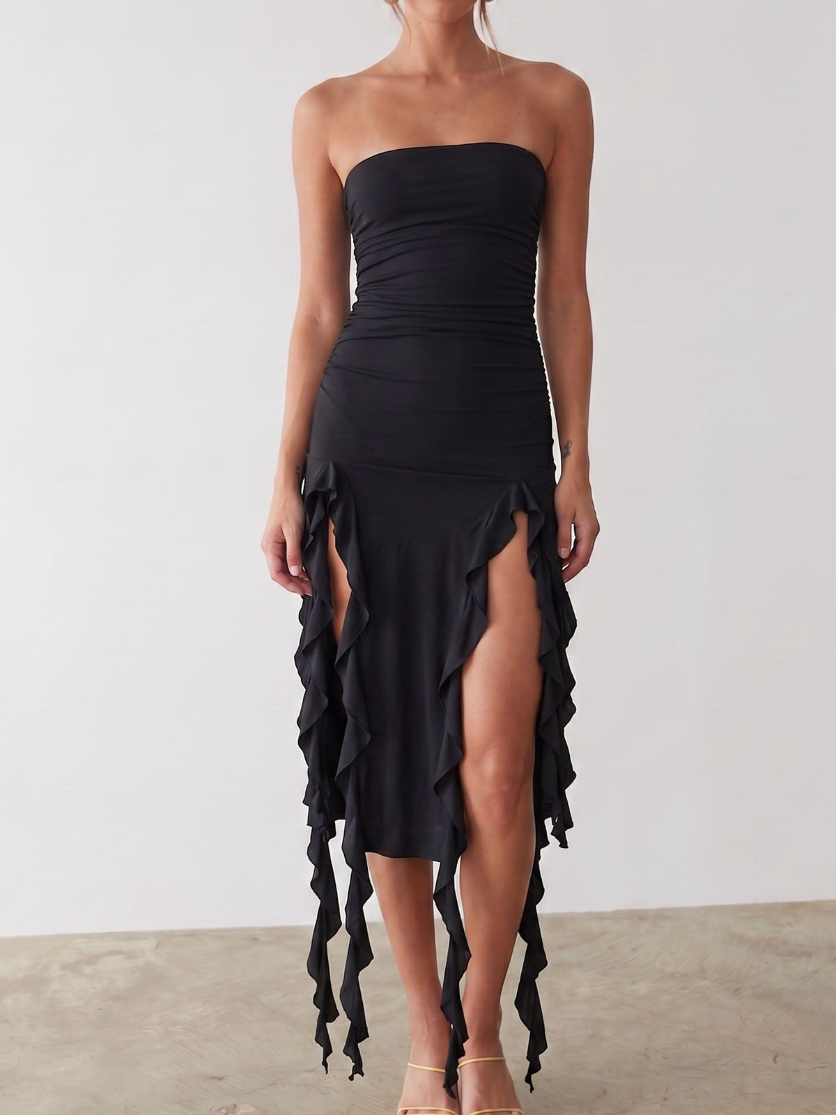 Flowy Ruffle Fringe Split Resort Ruched Bodycon Strapless Midi Dress