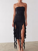 Flowy Ruffle Fringe Split Resort Ruched Bodycon Strapless Midi Dress