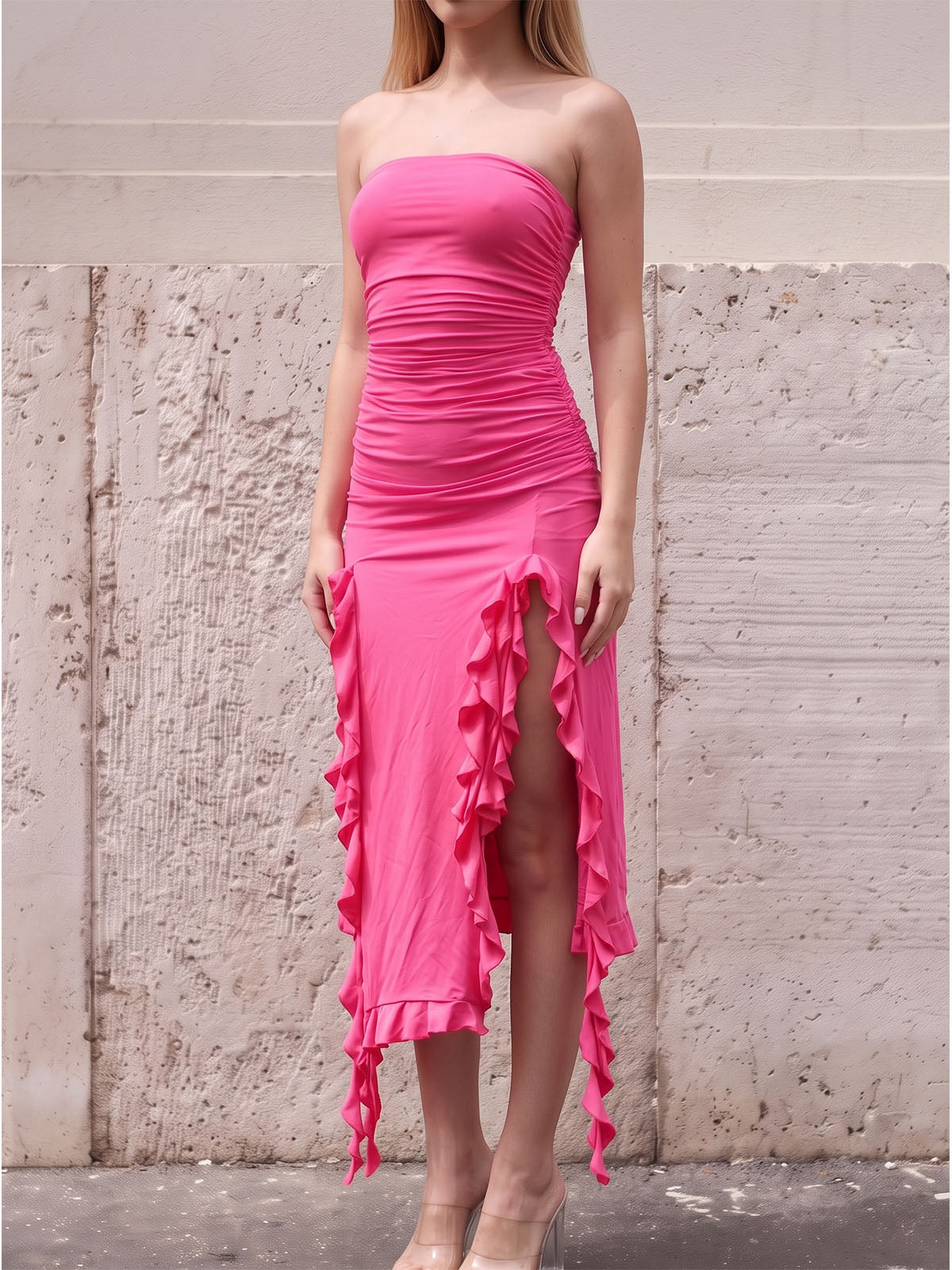 Flowy Ruffle Fringe Split Resort Ruched Bodycon Strapless Midi Dress