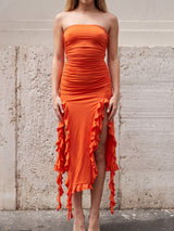 Flowy Ruffle Fringe Split Resort Ruched Bodycon Strapless Midi Dress