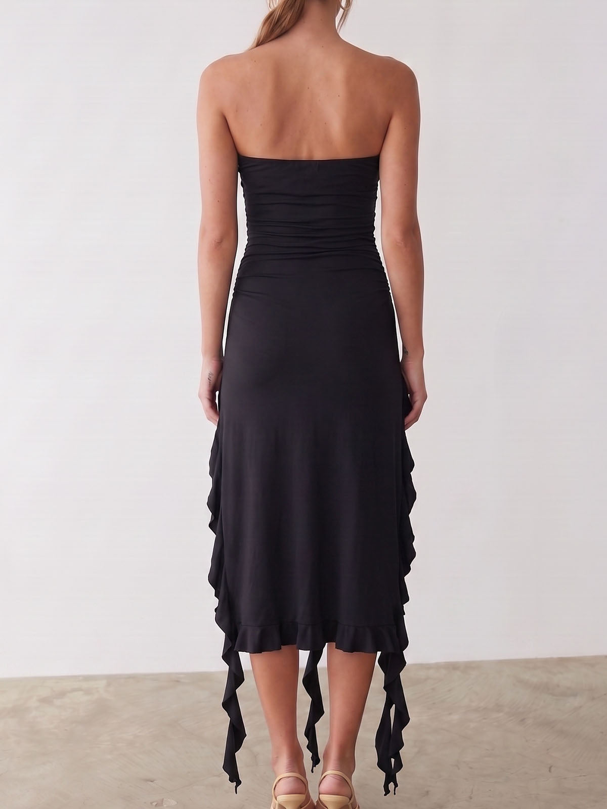 Flowy Ruffle Fringe Split Resort Ruched Bodycon Strapless Midi Dress