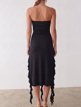 Flowy Ruffle Fringe Split Resort Ruched Bodycon Strapless Midi Dress
