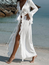 Flowy Ruffle V Neck Tie Front Long Sleeve Chiffon Beach Cover Up