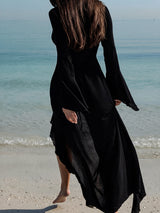 Flowy Ruffle V Neck Tie Front Long Sleeve Chiffon Beach Cover Up