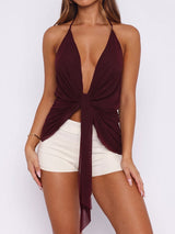 Flowy Sash Knotted Ruched Deep V Halter Tie Resort Crop Mesh Top