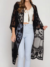 Flowy Scalloped 3/4 Sleeve Embroidered Lace Midi Beach Cover Up