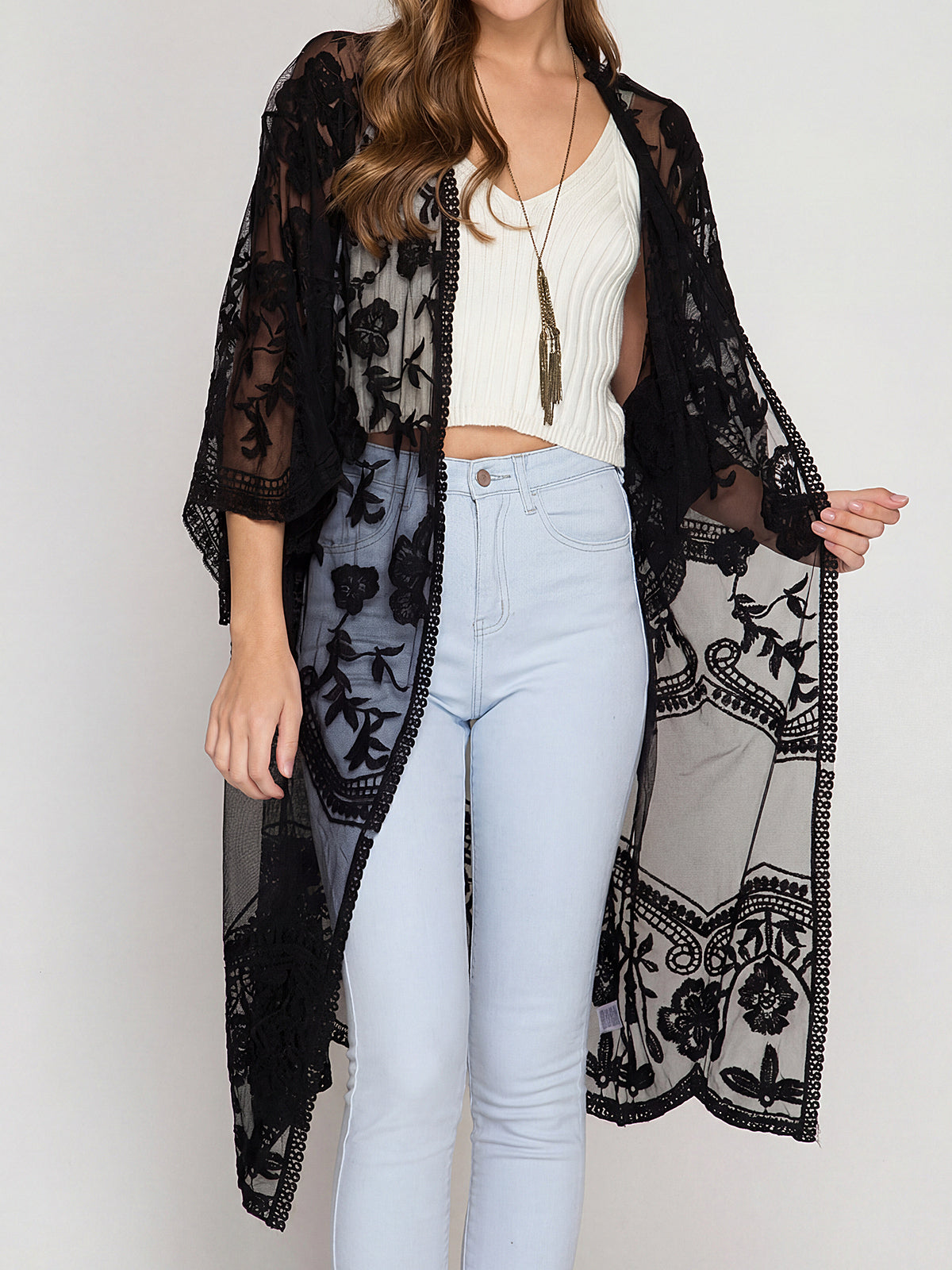 Flowy Scalloped 3/4 Sleeve Embroidered Lace Midi Beach Cover Up