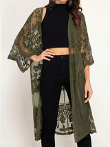 Flowy Scalloped 3/4 Sleeve Embroidered Lace Midi Beach Cover Up