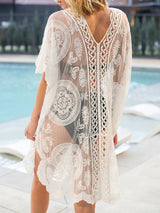 Flowy V Neck Short Sleeve Embroidered Lace Mini Beach Cover Up