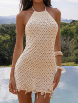 Fringe Shell Sexy Halter Backless Beach Crochet Cover Up Mini Dress