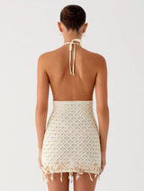 Fringe Shell Sexy Halter Backless Beach Crochet Cover Up Mini Dress