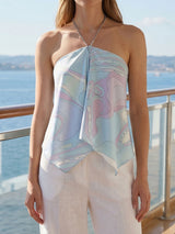 Geometric Print Resort Sparkly Satin Chain Link Scarf Halter Top