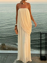 Goddess Tube Top Ruched Draped Chiffon Resort Strapless Maxi Dress