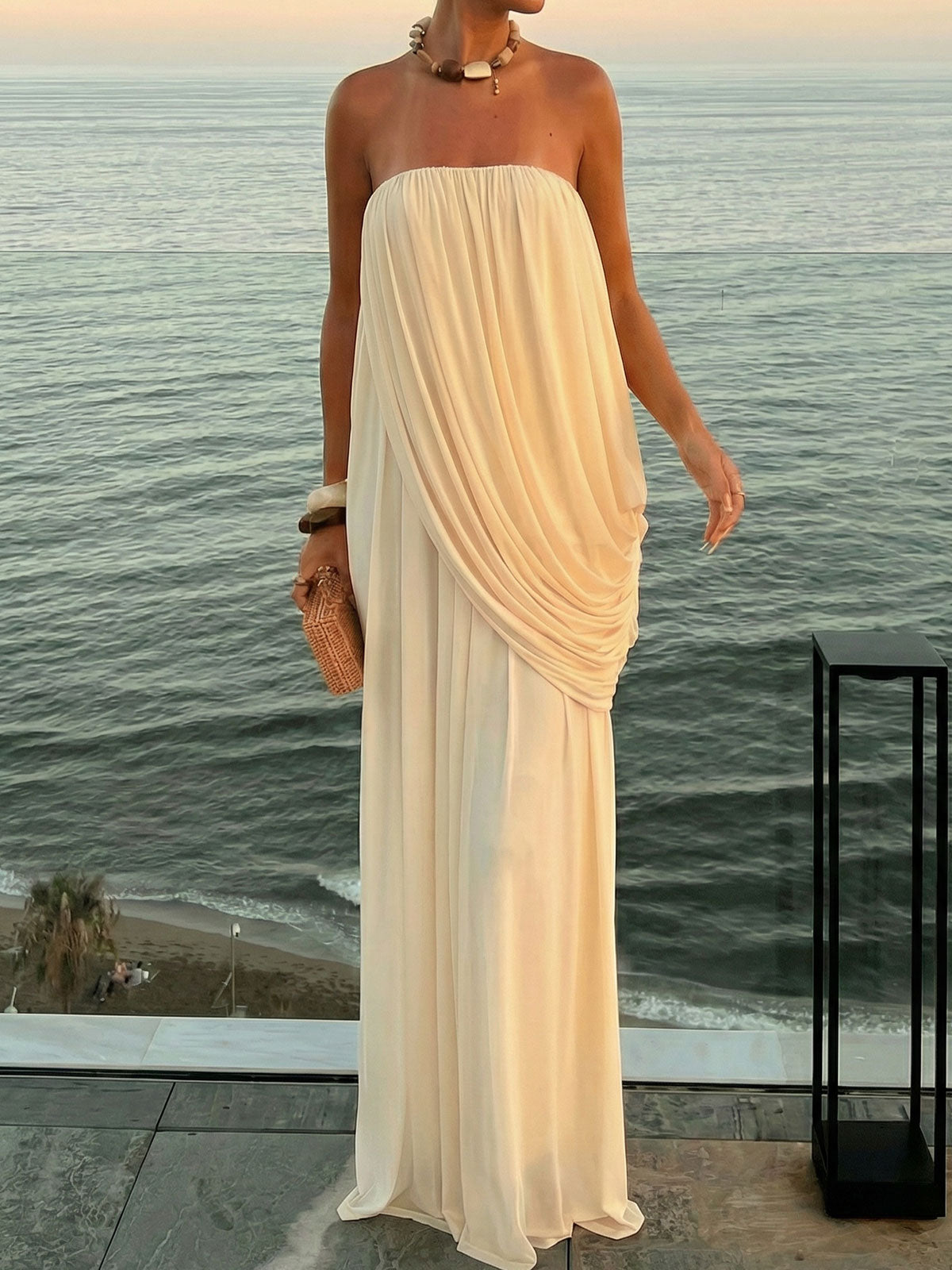 Goddess Tube Top Ruched Draped Chiffon Resort Strapless Maxi Dress