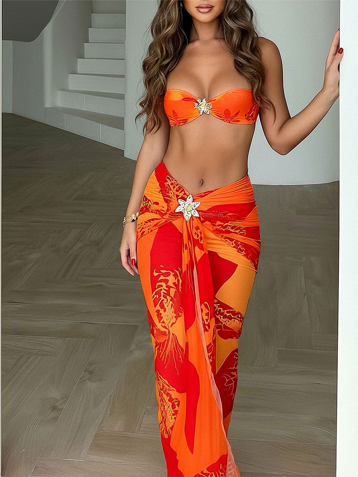 Sparkly Gold Flower Skirt High Cut Bandeau Three Piece Bikini Set