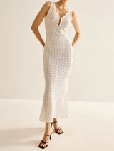 Gold Pin Deep V Sleeveless Beach Crochet Knit Cover Up Maxi Dress