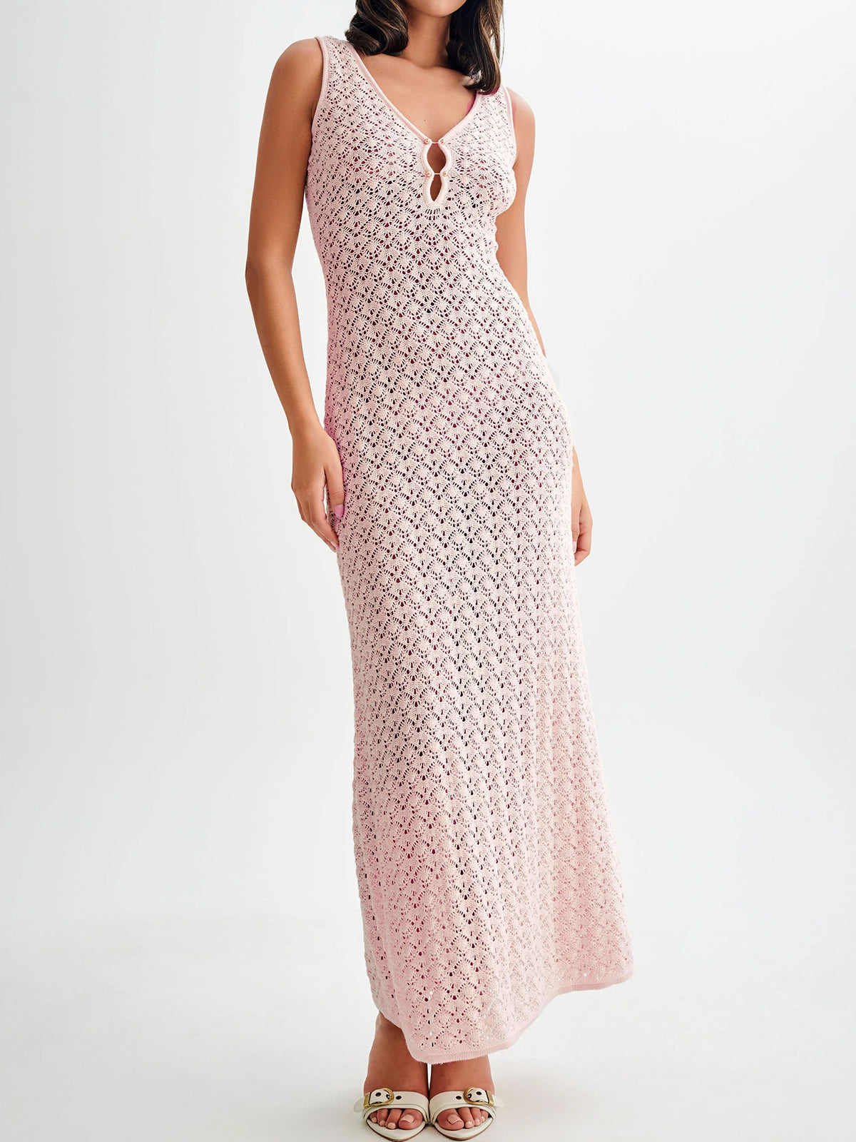 Gold Pin Deep V Sleeveless Beach Crochet Knit Cover Up Maxi Dress