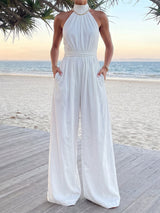Graceful Tie Halter Ruched Sleeveless High Rise Resort Wide Leg Jumpsuit