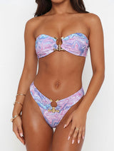 Sparkly Hammered Ruched High Cut Bandeau Two Piece Bikini Set