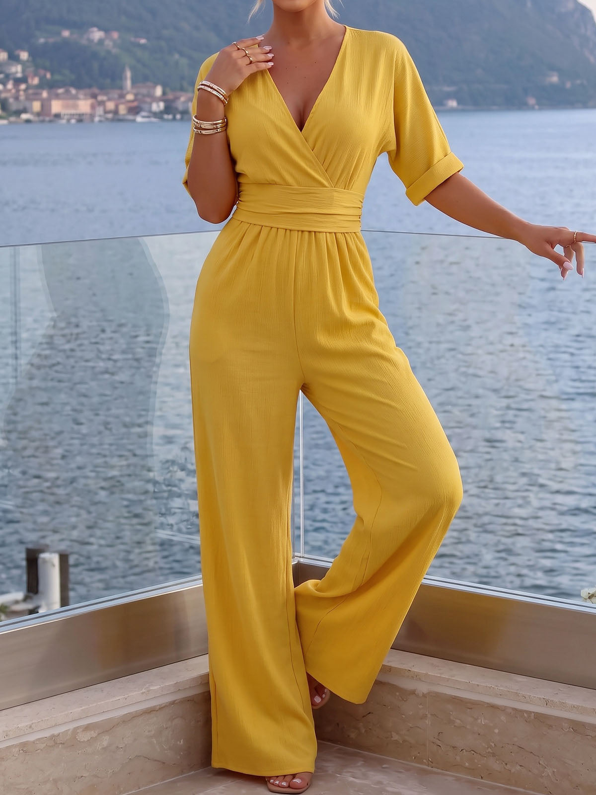 Leisure V Neck Half Sleeve High Waist Pocketed Resort Wild Leg Jumpsuit