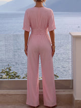 Leisure V Neck Half Sleeve High Waist Pocketed Resort Wild Leg Jumpsuit