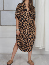 Leopard Print V Neck Tab Sleeve Oversize Midi Beach Cover Up
