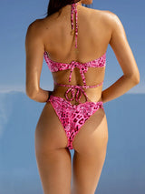 Leopard Strappy Ruffle Scrunch Brazilian Halter Two Piece Bikini Set