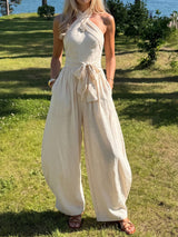 Modern Twist Halter Wrap Tie Sleeveless Resort Wide Leg Jumpsuit