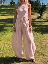 Modern Twist Halter Wrap Tie Sleeveless Resort Wide Leg Jumpsuit