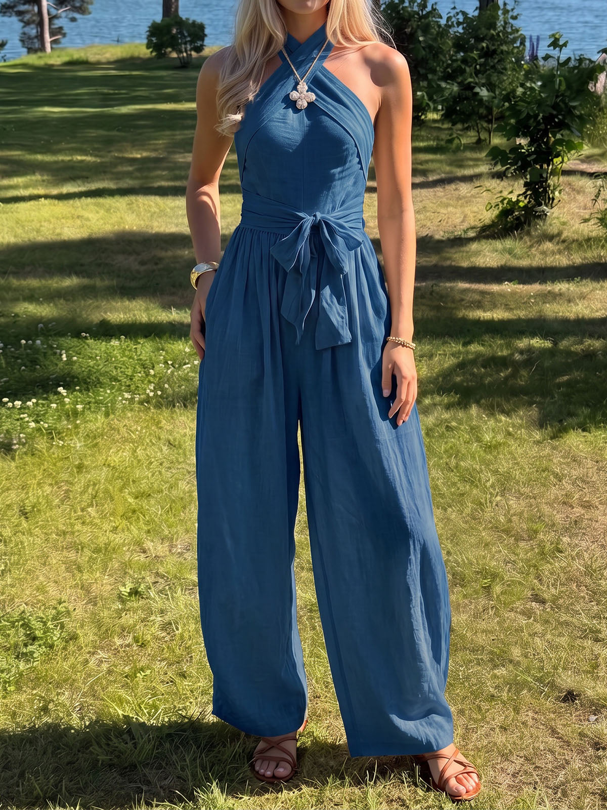 Modern Twist Halter Wrap Tie Sleeveless Resort Wide Leg Jumpsuit