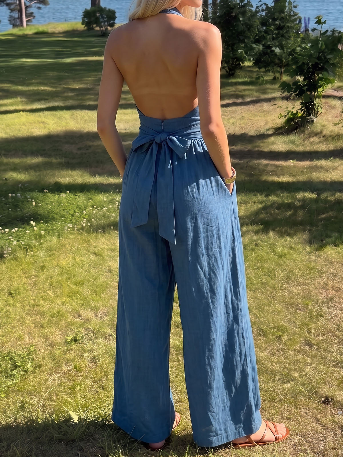 Modern Twist Halter Wrap Tie Sleeveless Resort Wide Leg Jumpsuit