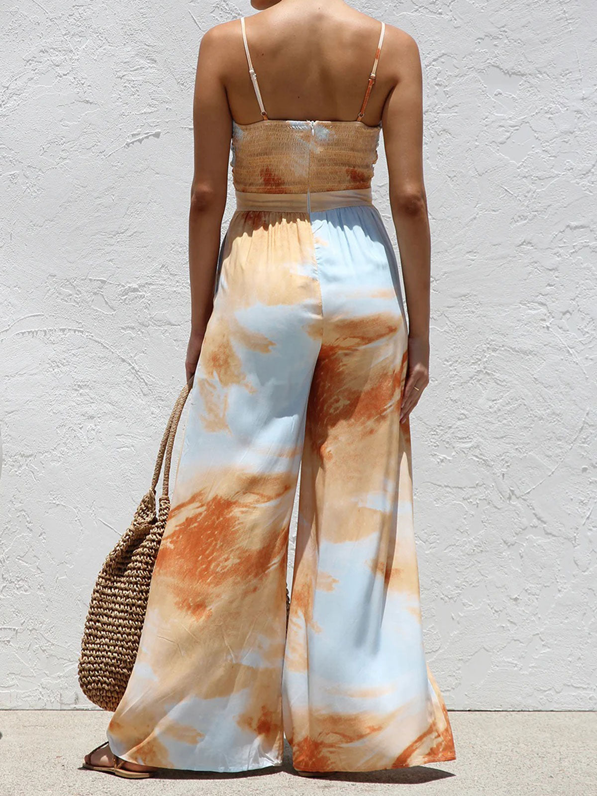 Ocean Print Knotted Front Sleeveless Pocket Resort Wide Leg Jumpsuit