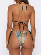 Ocean Print Tie Side Cheeky Shell Trim Triangle Two Piece Bikini Set