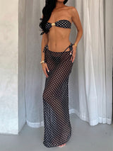 Polka Dot Skirt Tie Side Brazilian Shell Bandeau Three Piece Bikini Set