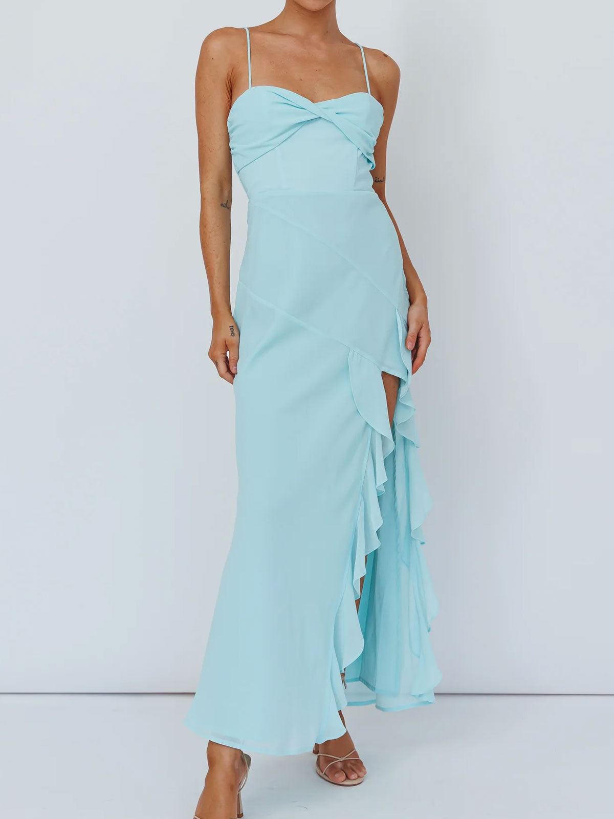 Pretty Twist Sweetheart Resort High Split Ruffle Chiffon Slip Midi Dress