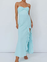 Pretty Twist Sweetheart Resort High Split Ruffle Chiffon Slip Midi Dress